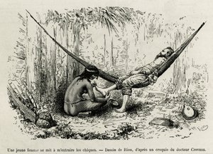 Una joven mujer Roucouyan extrae las espinas que han herido los pies del explorador durante la noche. Grabado de Riou, para ilustrar la historia de Cayena a los Andes, por Jules Crevaux, médico de la marina francesa, en 1878-1879, publicado en el Tour du m