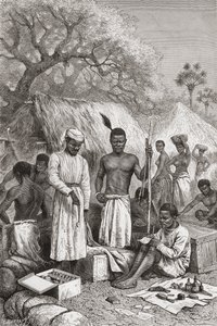 Abdullah Souzi, Jacob Wainright y James Chouma, los tres sirvientes del Dr. David Livingstone, inventariando sus pertenencias tras su muerte en 1873, ilustración de "El Mundo en las Manos", grabado por Charles Barbant de Edouard Riou