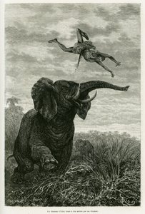 El cazador de Aley lanza una milla desde un elefante. Ilustración de la historia Les lacs de l