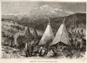 Un campamento indio, en el territorio de Utah, a orillas del río Verde. Grabado según el dibujo de E.Riou, para ilustrar la historia La conquista blanca, por William Hepworth Dixon, en 1875, publicado en 