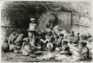 Una tarde en la favorita del jeque de los Gobrons, actividades de mujeres: bordado y hilado de lana, mimbre y cerámica. Grabado de Riou, para ilustrar la historia “Voyage chez les Benadir, les somalis et les Bayoun”, en 1882-1883, de Georges Revoil. de Edouard Riou