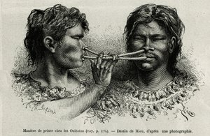Un instrumento hecho de hueso de pájaro y una forma de inhalar entre los indios ouitotos (uitoto), soplando al unísono, envían simultáneamente la dosis. Grabado de Riou, para ilustrar la historia de Cayena a los Andes, por Jules Crevaux, médico de la marin