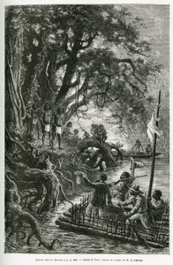 Llegada de la balsa del Dr. Crevaux y E. Lejeanne, a las orillas que bordean el pueblo de Mitouas. Grabado de Riou, para ilustrar el viaje de exploración a través de Nueva Granada y Venezuela, por el Doctor Crevaux, médico de primera clase de la marina y E