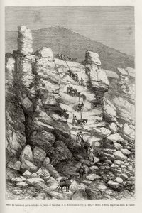 Aspecto de las alturas con paredes verticales en el plateau de Dasoulami y Bobodioulasou (Golfo de Guinea), descripción de las técnicas de enganche de las monturas del convoy de expedición. Grabado por Riou, para ilustrar la historia “Del Níger al Golfo de de Edouard Riou