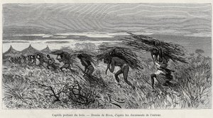 Cautivos cargando madera en el monte. Ilustración de la historia “From Niger to the Gulf of Guinee”, por el Capitán Louis Gustave Binger (1856-1936), en 1887-1889, en Le tour du monde, nouveau journal des voyages, bajo la dirección de Edouard Charton (1807 de Edouard Riou