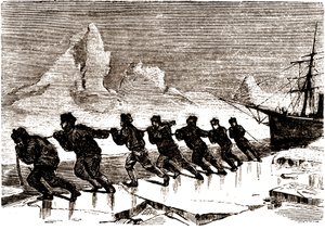 Tripulación de marineros tirando de un velero sobre un témpano de hielo de Edouard Riou