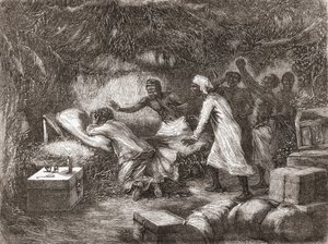 Muerte del Dr. Livingstone en el pueblo de Tchitammbo, África, en 1873, ilustración de "El Mundo en las Manos", publicada en 1878