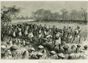 Partida de Kalassa, el narrador viajero en su silla con porteadores. Ilustración de la historia Les lacs de l