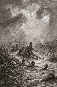 El Dr. David Livingstone siendo llevado a través de un pantano por porteadores durante su expedición a África en 1872, ilustración de "El mundo en las manos", grabado por Charles Laplante