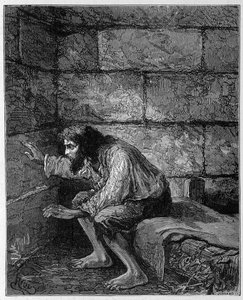 Edmond Dantès, el Conde de Montecristo en su prisión - Grabado por Riou, en “El Conde de Montecristo” por Alexandre Dumas, Rouff & Cie