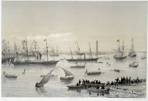 Entrada del Soberano en el Canal de Suez en Port Said en "Inauguración del Canal de Suez" por G. Nicole. 1869 de Edouard Riou