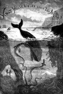 Frontispicio de la novela de Julio Verne 20.000 leguas de viaje submarino de Edouard Riou