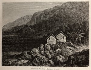 Hacienda por Tian Tian, Perú y plantación de cacao, dibujo de Riou, para ilustrar el viaje de Paul Marcoy por Sudamérica de 1848 a 1860. Grabado en "Le tour du monde", editado por Edouard Charton