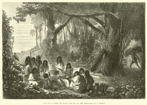 Parada de una fiesta de indios Antis en la entrada de un bosque
