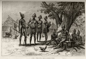 En Lera (o Dera, Níger), tipos de Mandes. Grabado de Riou, para ilustrar la historia Desde el Níger hasta el Golfo de Guinea por el Capitán Louis Gustave Binger (1856-1936), en 1887-1889, en Le tour du monde, nuevo diario de viajes, bajo la dirección de de Edouard Riou