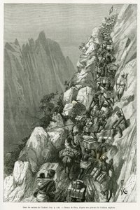 En las rocas de Ankori. Grabado por Riou, para ilustrar la historia En las sombras de África, investigación descubierta y retirada por Emin Pacha de Edouard Riou