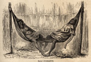 Maridos indios Chontaquiros de Perú durmiendo, en su hamaca nupcial, dibujo de Riou para ilustrar el viaje, de 1848 a 1860, de P. Marcoy, del Océano Pacífico al Océano Atlántico. Grabado en "Le tour du monde", editado por Edouard Charton de Edouard Riou