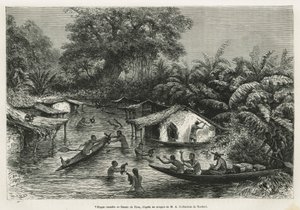 Pueblos inundados, ilustración de la historia de un viaje a Gabón y el río Ogoué en 1875-1877, por Alfred Marche. Grabado en Le tour du monde de Edouard Riou