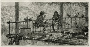 Escena interior en San Pablo, una familia resguardada de la lluvia, el padre fuma un cigarrillo, la madre amamanta a dos bebés y el niño juega con un pequeño animal, estirado en el suelo sobre una piel de animal, grabado por Riou, para ilustrar la historia de Edouard Riou