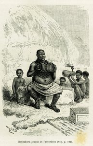 Ketimkuru, líder tribal, tocando el acordeón. Grabado por Riou para ilustrar la historia Les lacs de l