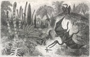 Paisaje del periodo Liasico". Ilustración de un pterodáctilo de Edouard Riou