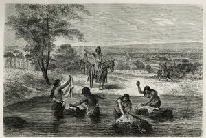 Los portadores de agua y las lavanderas de Cartago (Colombia), ilustración de la historia de América equinoccial por E. Andre, una misión encargada por el gobierno francés, publicado en Le tour du monde, bajo la dirección de Edouard Charton de Edouard Riou