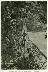 Puente de lianas sobre el Passa. Grabado por Riou, para ilustrar la historia Viajes en el oeste africano