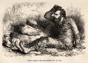 El teniente Tyson ocupado en su aseo matutino, un peine antes de ponerse las botas, grabado según un dibujo de E.Riou, ilustrando la historia del Polaris, balsa de hielo, por el teniente Tyson, en 1870-1873, publicado en 