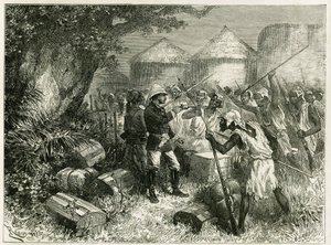 El teniente Valliere se defiende contra los habitantes de Sibi (o Siby), un pueblo mandingo del Alto Níger (actual Mali), cuyos habitantes estaban muy perturbados por la llegada del destacamento de exploración. Grabado de Riou, basado en un boceto del de Edouard Riou