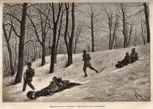 Trineos y patinadores en el plateau del Mont-Royal, cerca de Montreal, ilustración de la excursión a Canadá y el río Rojo del norte, por H. De Lamotte, en 1873, publicado en “Le tour du monde” 1875, editado por Edouard Charton