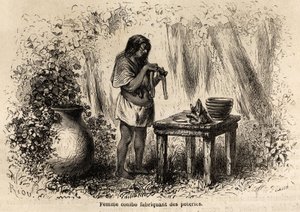 Fabricación de cerámica por un indio Conibo de Perú, dibujo de Riou para ilustrar el viaje, de 1848 a 1860, de P. Marcoy, del Océano Pacífico al Océano Atlántico. Grabado en “Le tour du monde”, editado por Edouard Charton de Edouard Riou