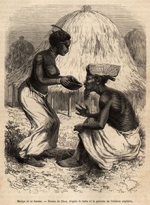 Matipa, un indígena que proporcionó canoas al equipo de Livingstone, fue servido de beber por su esposa, grabado después de un dibujo de Riou, ilustrando el último diario de David Livingstone (1813-1873), en 1866-1873, publicado en “Le tour du monde” 1875 de Edouard Riou