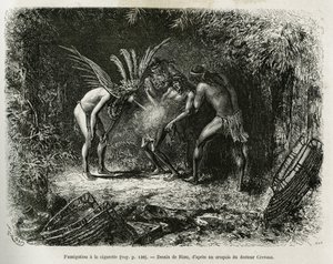 Fumigación médica con cigarrillos en los indios Roucouyan. Grabado por Riou, ilustración de la historia de Cayena a los Andes, por Jules Crevaux, médico de la marina francesa, en 1878-1879, publicado en el Tour du monde, bajo la dirección de Edouard Charto