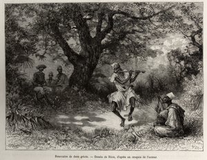 Encuentro con dos griots, el Capitán Binger, sentado a la sombra, disfruta del espectáculo. Ilustración de “From Niger to the Gulf of Guinee” por el Capitán Louis Gustave Binger (1856-1936), en 1887-1889, en Le tour du monde, nouveau journal des voyages de Edouard Riou