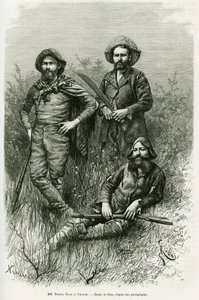 Miembros de la expedición: Sr. Thouar (acostado), Sr. Novis (de pie a la izquierda) y Sr. Valverde (de pie a la derecha). Grabado por Riou, para ilustrar la historia Viaje en el Chaco Boreal de Edouard Riou