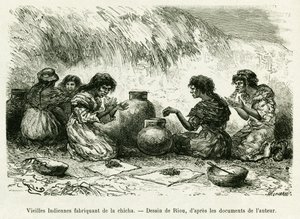 Mujeres indias mayores haciendo shisha. Ilustración de la historia Voyage dans le delta du Pilcomayo et de Buenos Aires a Sucre de Edouard Riou