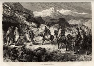 P.Marcoy encuentra a un amigo, que se convirtió en coronel de ingenieros y puesto en una cueva cerca del lago de Cailloma, juntos reciben la visita de los notables de la ciudad, grabado después de un dibujo de E.Riou, ilustrando el viaje en las montañas, e de Edouard Riou