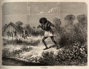 Pánico entre los indios Conibos, que huyeron a la llegada de la expedición de Paul Marcoy cerca de Tumbaya (Perú), quien a su vez fue víctima de una maldición por un viejo indio, dibujo de Riou para ilustrar el viaje, de 1848 a 1860, de P. Marcoy, del Océa de Edouard Riou
