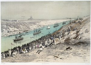 Paso a El-Guisr en "Inauguración del Canal de Suez por G. Nicole. 1869 de Edouard Riou