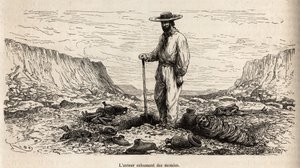 Paul Marcoy exhumando momias incas (Perú), grabado por E.Riou ilustrando el viaje en las montañas, el valle de Huarancalqui y las regiones de Pjonal, de 1862 a 1863, por Paul Marcoy, publicado en "Le tour du monde" 1875, editado por Edouard de Edouard Riou