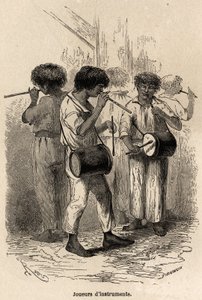 Músicos en Sarayacu (Perú), dibujo de Riou, para ilustrar el viaje de Paul Marcoy del Océano Pacífico al Océano Atlántico de 1848 a 1860. Grabado en “Le tour du monde”, editado por Edouard Charton de Edouard Riou
