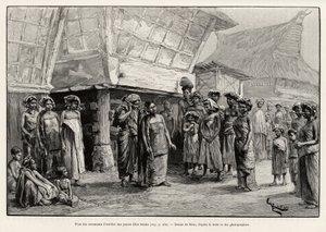 Jugar con adornos de oreja a niñas Batak, grupo étnico del norte de Sumatra. Grabado de Riou para ilustrar la historia "un año en Malasia", de Jules Claine (1856-1939)