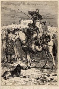 Retrato de un comerciante árabe, trayendo sus mercancías (corderos, aves...) en su caballo, en el mercado; los productos se presentan en cestas o en esteras en el suelo, grabado según un dibujo de E.Riou, ilustrando el viaje a Tlemcen (Argelia), por E. de  de Edouard Riou