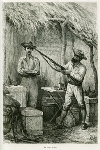 Retrato del autor Victor Giraud, un alférez de barco y su viajero, Montagu Kerr, un cazador. Grabado por Riou, para ilustrar la historia Los lagos de África ecuatorial