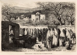 Procesión al Marabout de Tlemcen (tumba con cúpula de un hombre venerado del Islam), grabado después de un dibujo de E.Riou, ilustrando el viaje a Tlemcen (Argelia), por E. de Lorral, en 1875, publicado en “Le tour du monde” 1875, editado por Edouard Char