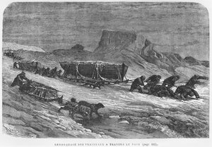 Arrastrando los trineos a través del hielo, ilustración de 