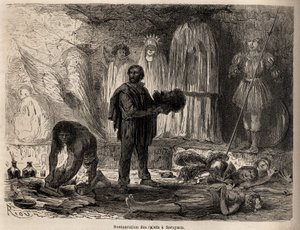 Restauración de estatuas de santos en Sarayacu (Perú), dibujo de Riou, para ilustrar el viaje de Paul Marcoy del Océano Pacífico al Océano Atlántico de 1848 a 1860. Grabado en 