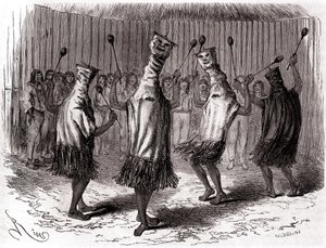 Danza ritual de los indios Ticuna de Perú con disfraces y máscaras de Edouard Riou