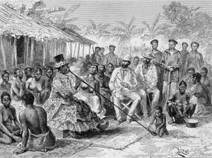 Savorgnan de Brazza conversa con Renoké, líder de la aldea de África Occidental - en “Tour du Monde”, 2ª semana de 1887 de Edouard Riou