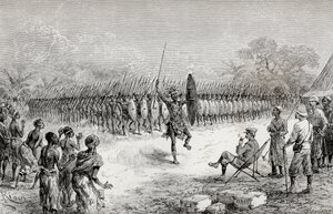 Sir Henry Morton Stanley observando una danza falange por los guerreros de Mazamboni en Usiri, 1890 (grabado en madera) de Edouard Riou